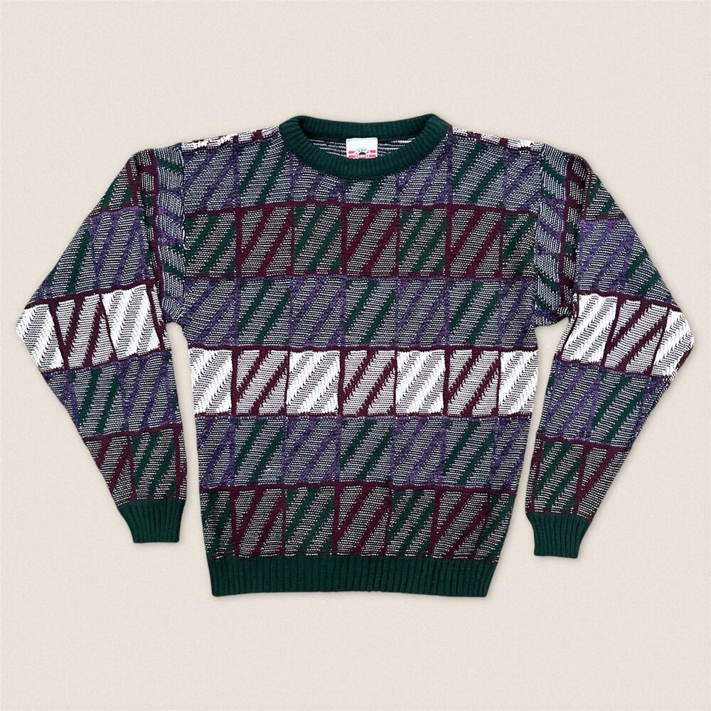 Vintage 90s Grandpa Sweater Green‎ Red White Cadet Club - Size Small Women